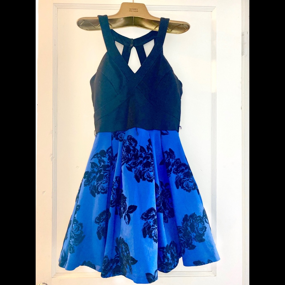 Blue and Black Cocktail dress with Velvet Roses